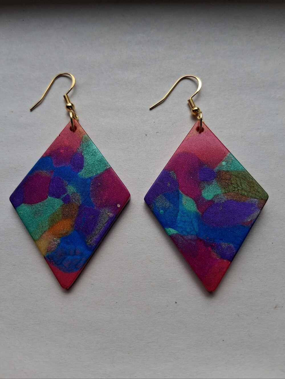 Hand Crafted Multicolor Diamond Drop Earrings - Pink, Blue & Green